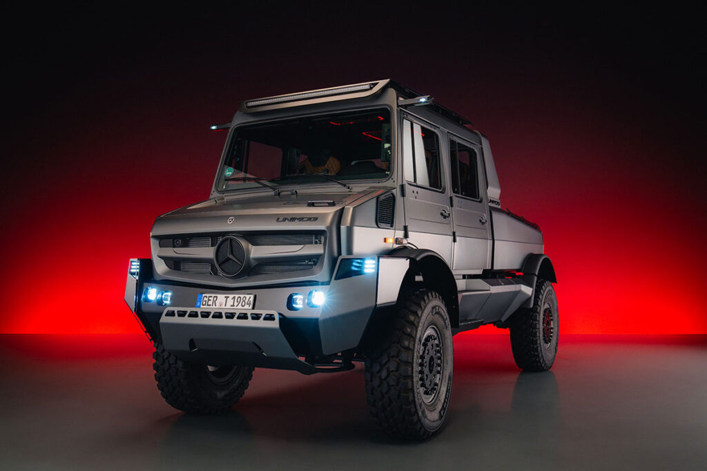 Mercedes-Benz Special Trucks luxury Unimog show car in matte grey with beadlock wheels, LED lighting, and premium off-road design