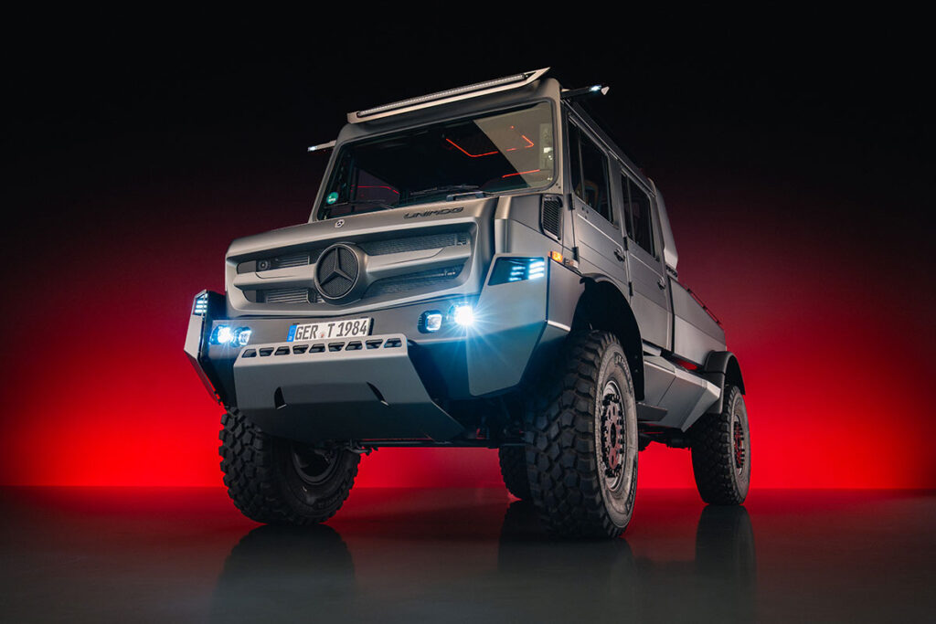 Mercedes-Benz Special Trucks luxury Unimog show car in matte grey with beadlock wheels, LED lighting, and premium off-road design