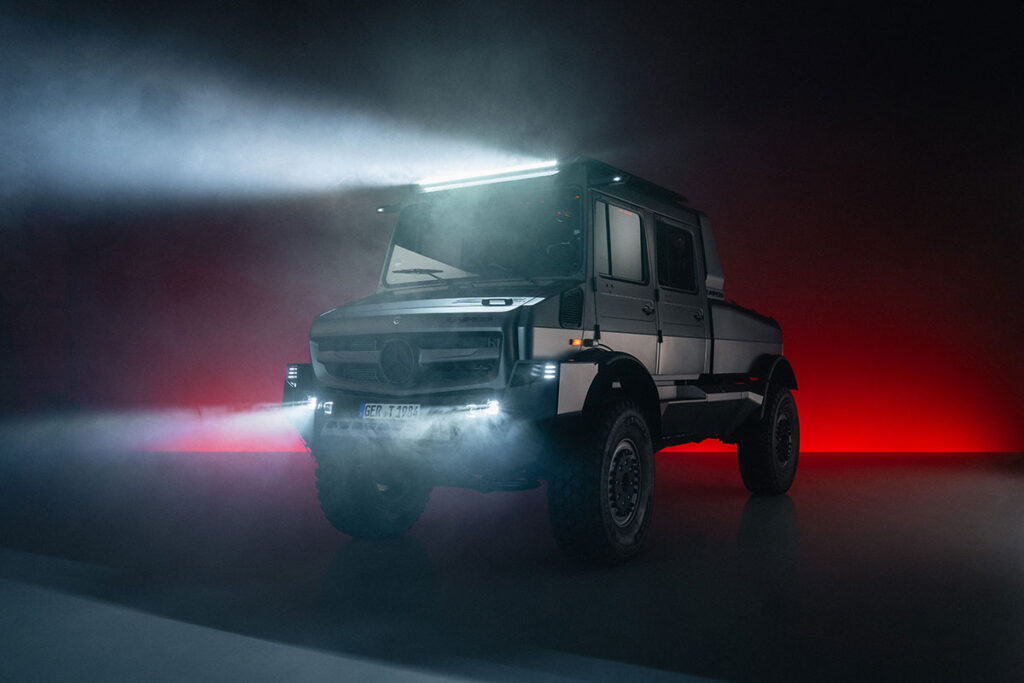 Mercedes-Benz Special Trucks luxury Unimog show car in matte grey with beadlock wheels, LED lighting, and premium off-road design