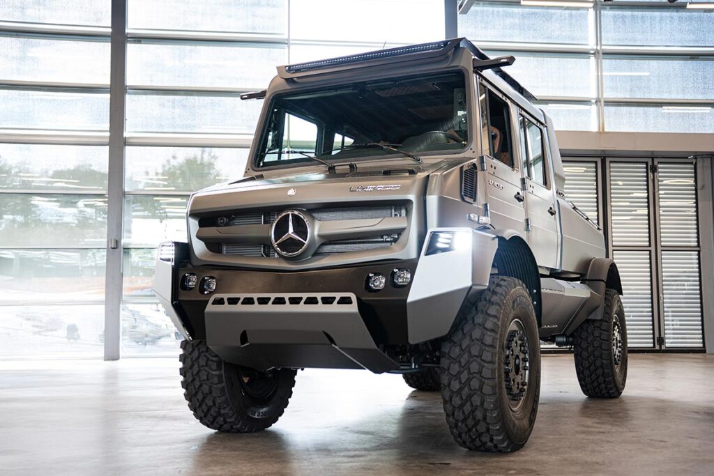 Mercedes-Benz Special Trucks luxury Unimog show car in matte grey with beadlock wheels, LED lighting, and premium off-road design