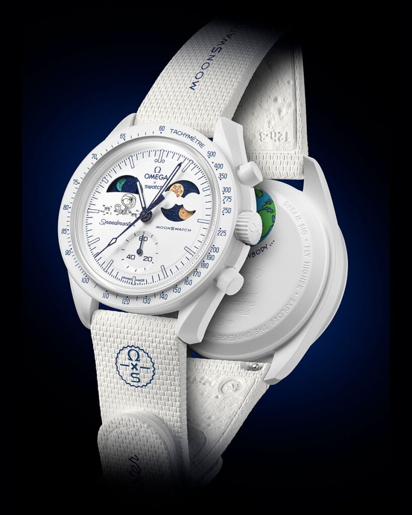 Omega x Swatch Mission to Earthphase Moonshine Gold watch with Moonshine Gold hands and snowflake-engraved moonphase indicator