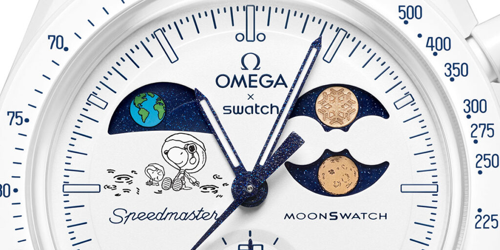 Omega x Swatch Mission to Earthphase Moonshine Gold watch with Moonshine Gold hands and snowflake-engraved moonphase indicator
