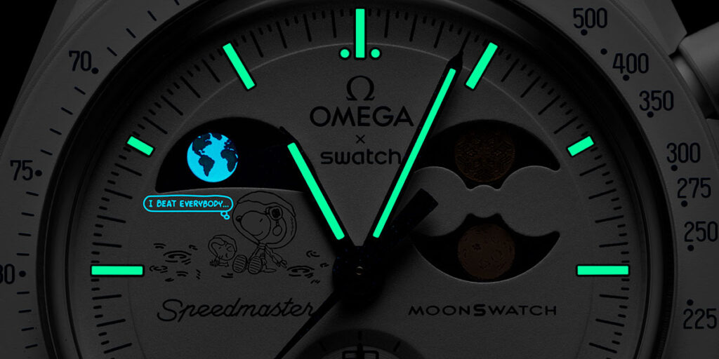 Omega x Swatch Mission to Earthphase Moonshine Gold watch with Moonshine Gold hands and snowflake-engraved moonphase indicator