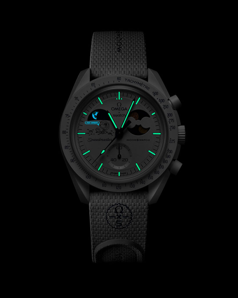 Omega x Swatch Mission to Earthphase Moonshine Gold watch with Moonshine Gold hands and snowflake-engraved moonphase indicator