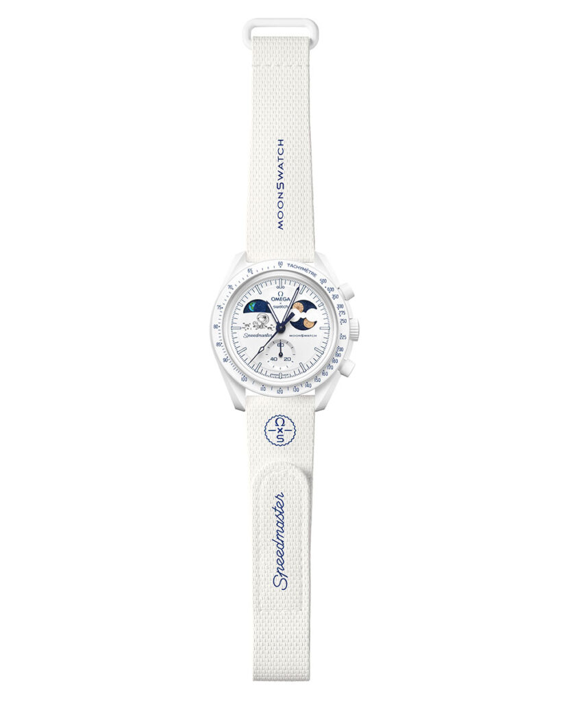 Omega x Swatch Mission to Earthphase Moonshine Gold watch with Moonshine Gold hands and snowflake-engraved moonphase indicator