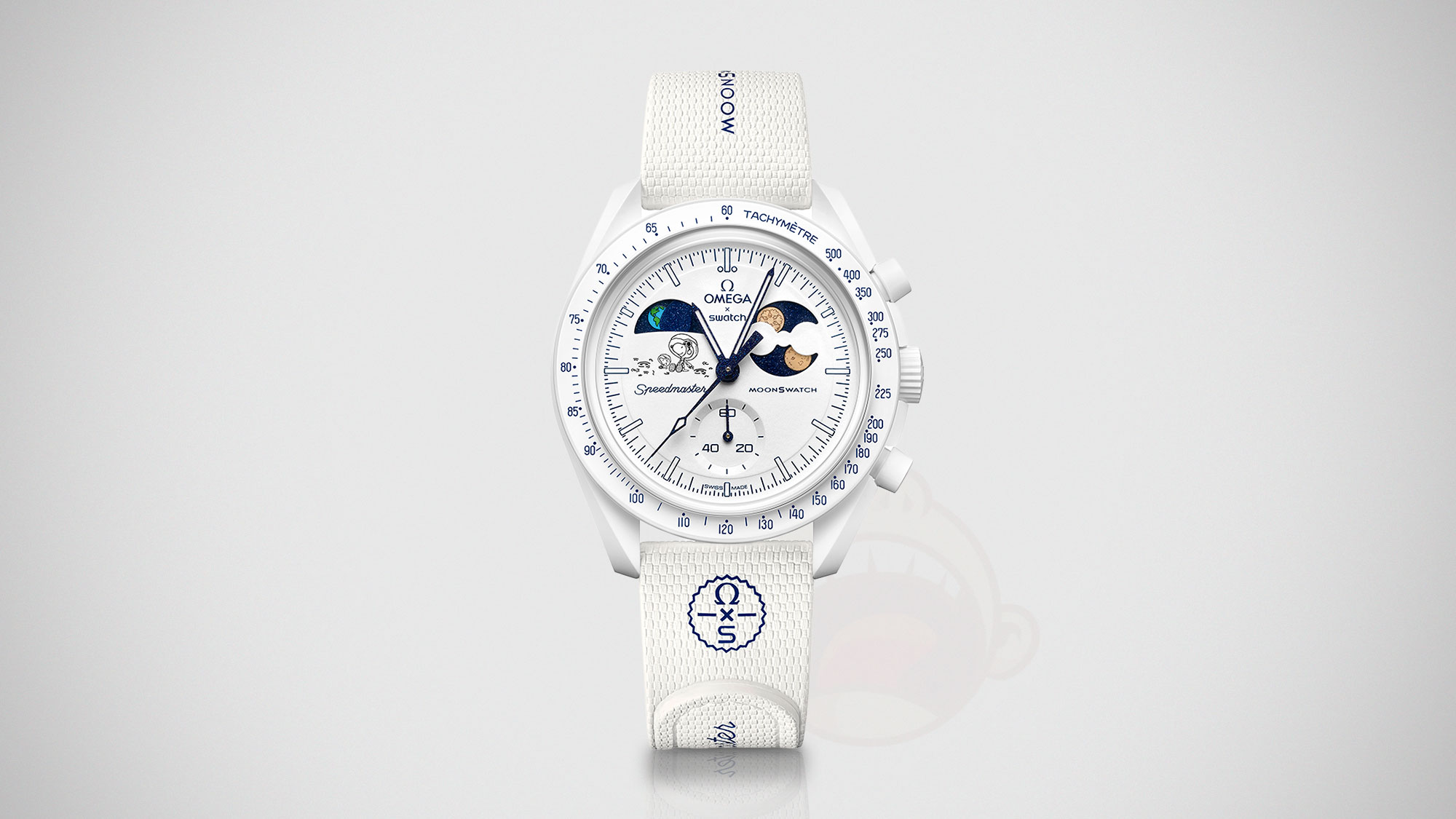 Omega x Swatch Mission to Earthphase Moonshine Gold watch with Moonshine Gold hands and snowflake-engraved moonphase indicator