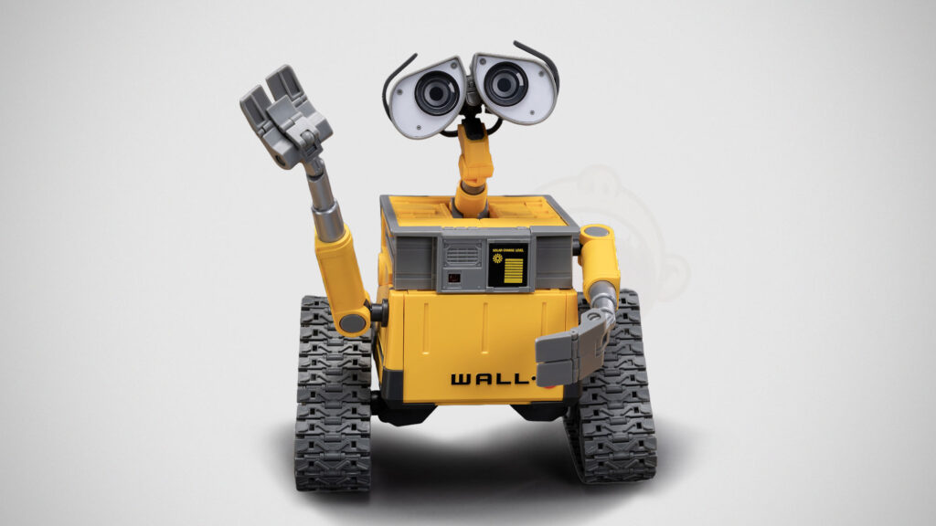 POPMART Gong Wall-E model kit with interchangeable eyes, accessories, and poseable tracks displayed assembled
