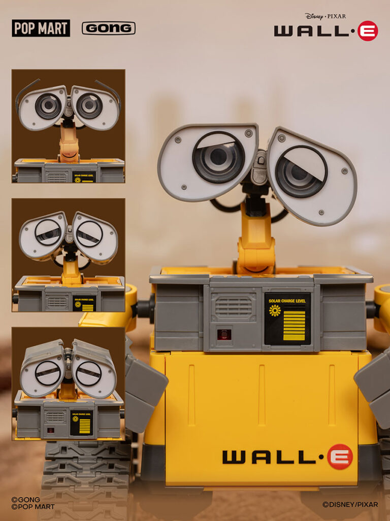 POPMART Gong Wall-E model kit with interchangeable eyes, accessories, and poseable tracks displayed assembled