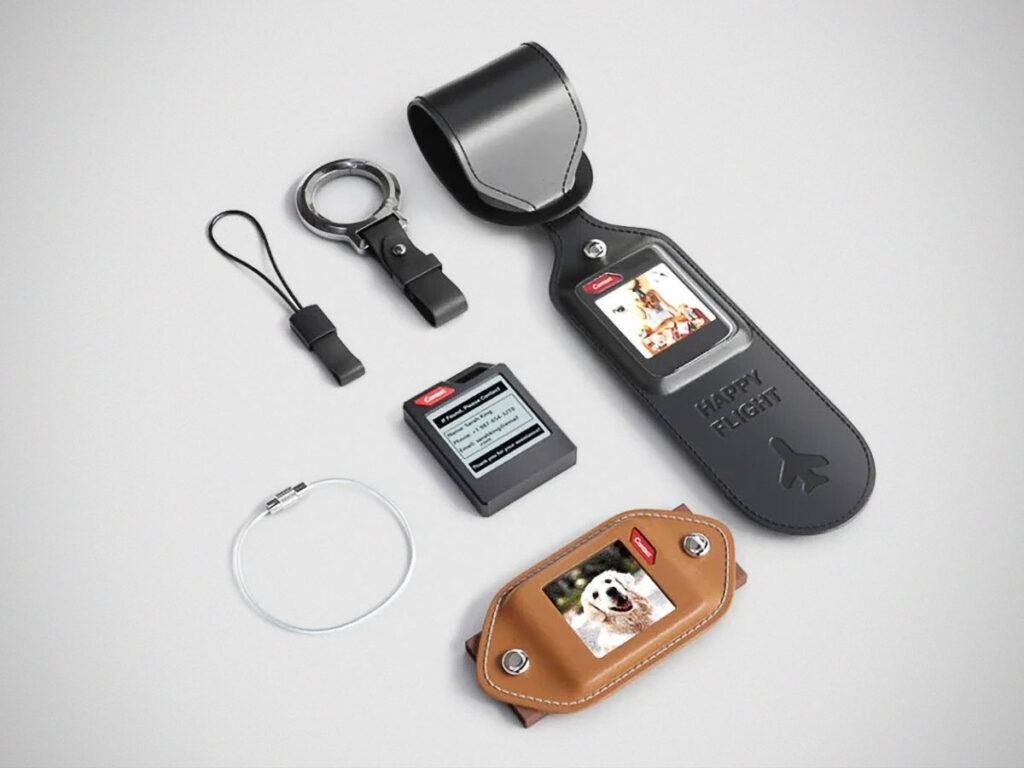 PhotoTag Bluetooth keychain tracker with color e-ink display showing a photo, compatible with Apple Find My and Android Find My Device