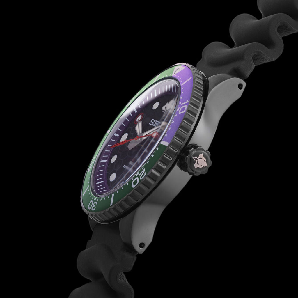 RADIO EVA THE 30 x Seiko Evangelion EVA-01 diver watch with green and purple dial and Longinus spear seconds hand