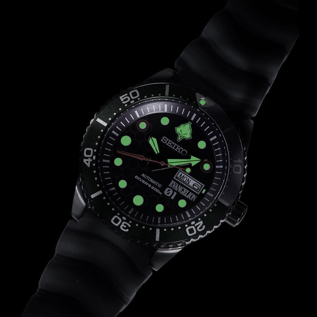 RADIO EVA THE 30 x Seiko Evangelion EVA-01 diver watch with green and purple dial and Longinus spear seconds hand