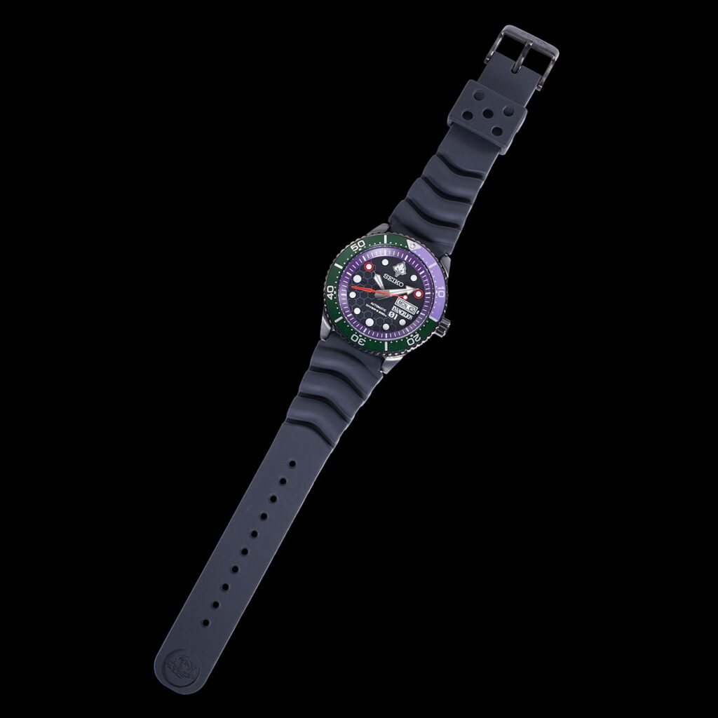RADIO EVA THE 30 x Seiko Evangelion EVA-01 diver watch with green and purple dial and Longinus spear seconds hand