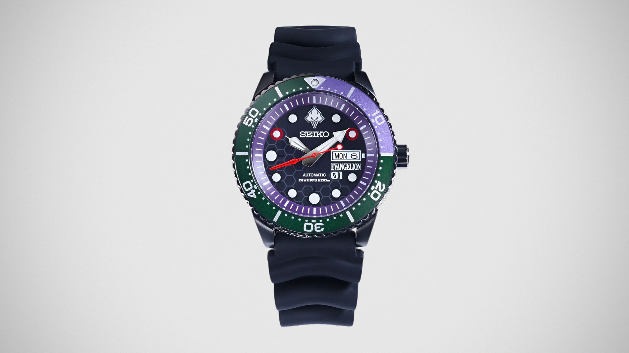 RADIO EVA THE 30 x Seiko Evangelion EVA-01 diver watch with green and purple dial and Longinus spear seconds hand