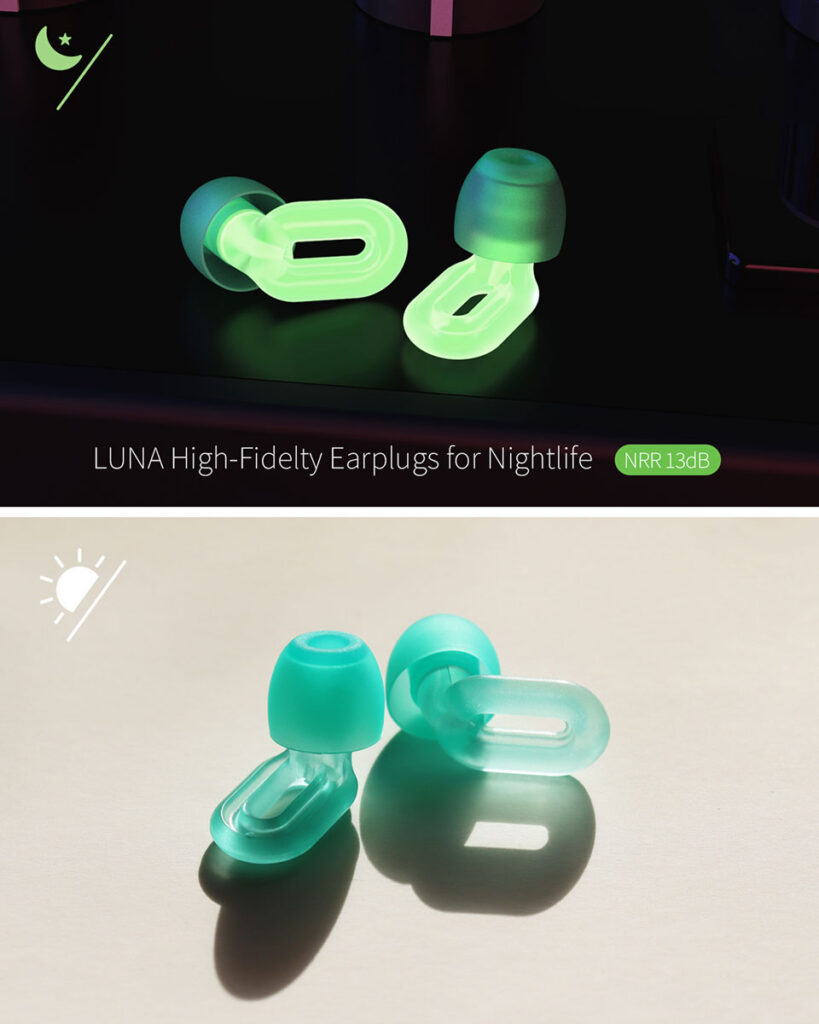 Saccater Luna glow-in-the-dark modular concert earplug set illuminated in a dark environment