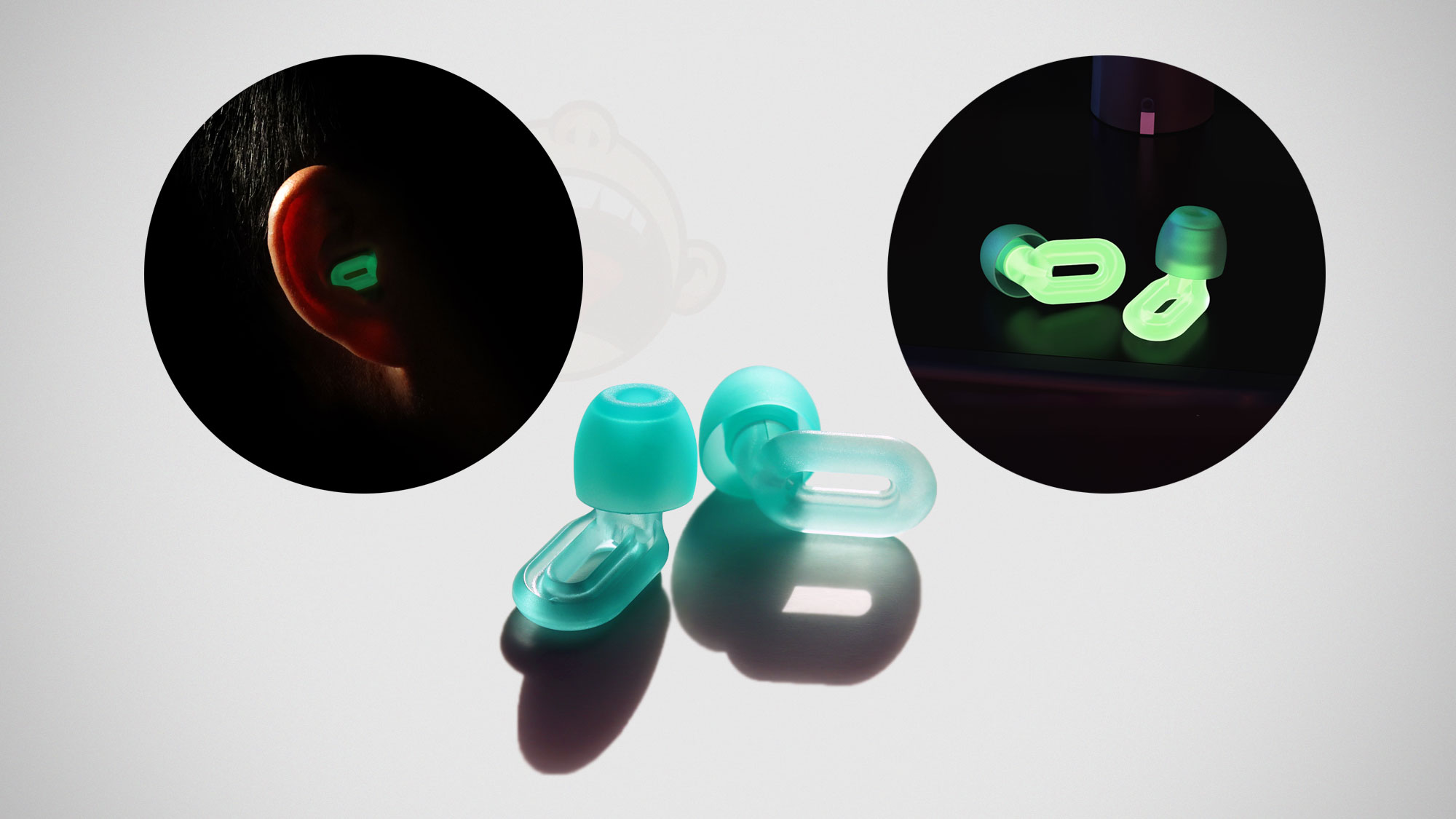Saccater Luna glow-in-the-dark modular concert earplug set illuminated in a dark environment