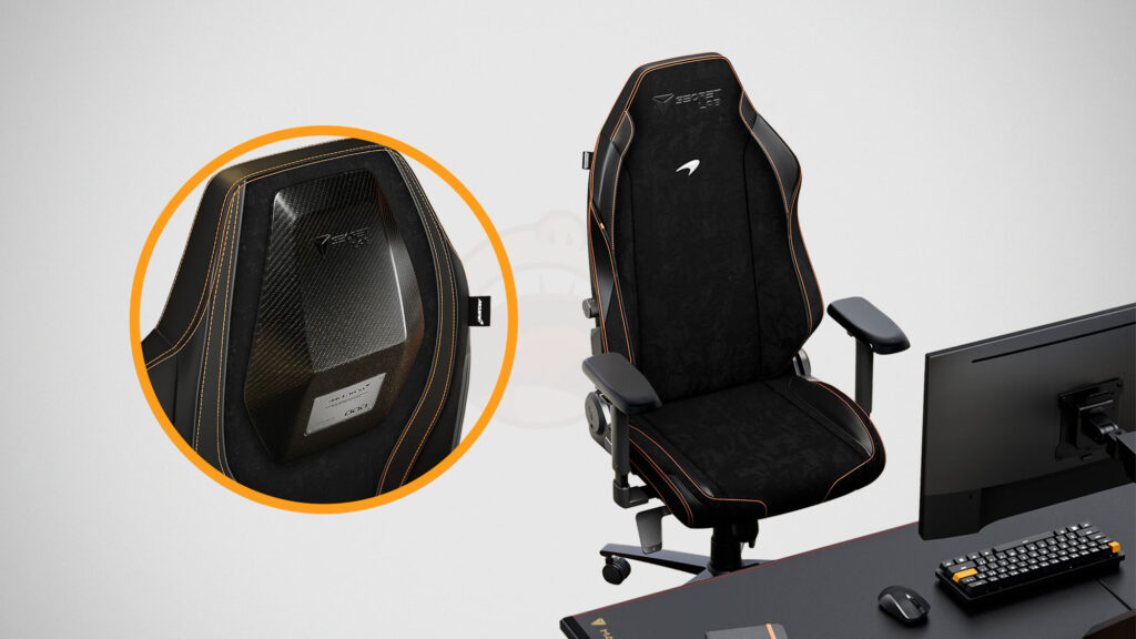 Secretlab McLaren MonoCell Edition gaming chair featuring a single-piece carbon fiber MonoCell chassis and Dinamica microsuede upholstery