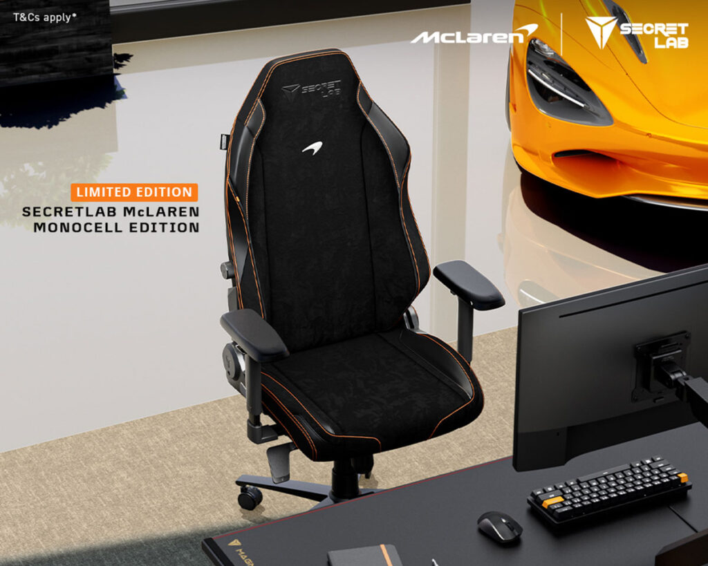 Secretlab McLaren MonoCell Edition gaming chair featuring a single-piece carbon fiber MonoCell chassis and Dinamica microsuede upholstery