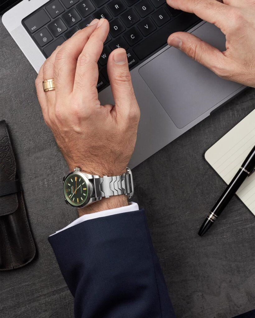 Smartlet dual watch band showing a mechanical watch on top of the wrist and a smartwatch worn underneath