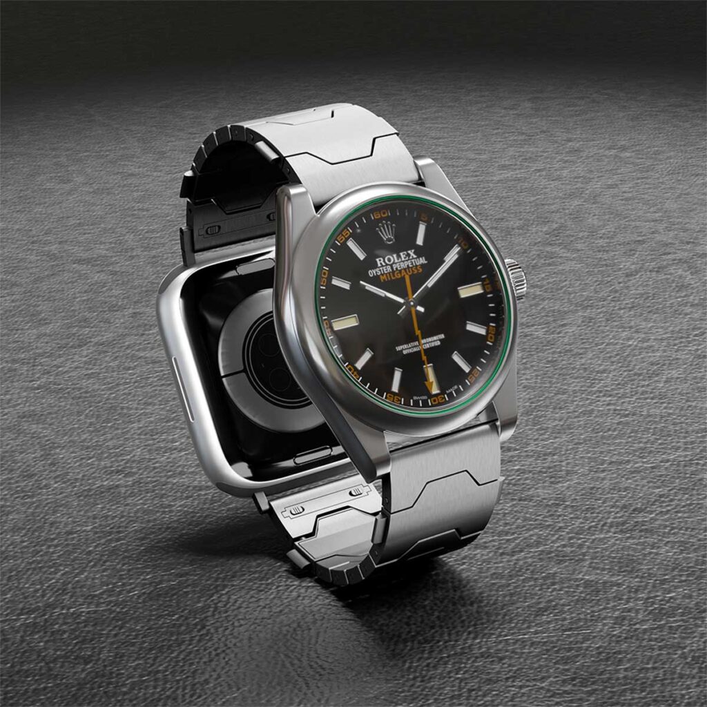 Smartlet dual watch band showing a mechanical watch on top of the wrist and a smartwatch worn underneath