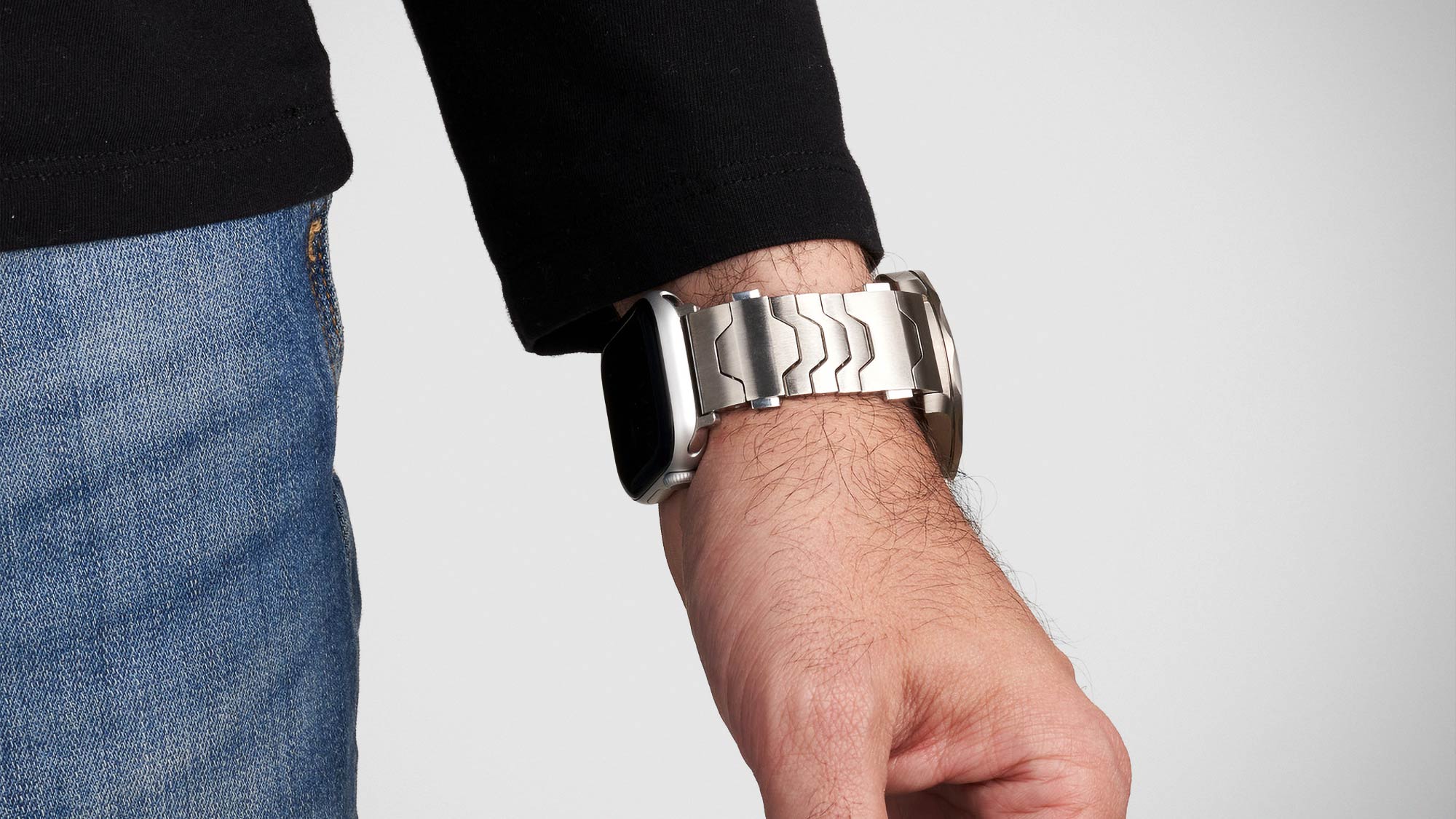 Smartlet dual watch band showing a mechanical watch on top of the wrist and a smartwatch worn underneath