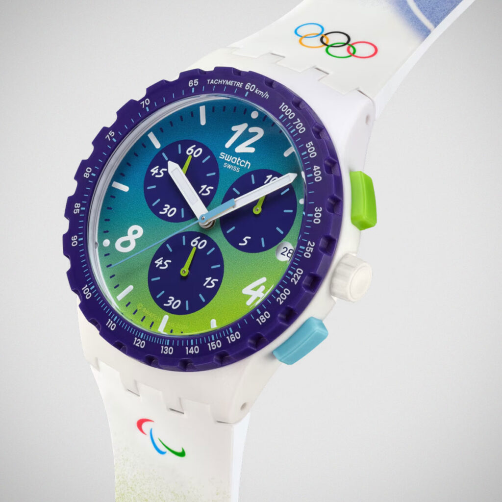 Swatch Olympic Winter Games Milano Cortina 2026 watch SNOWY SLOPES on white background