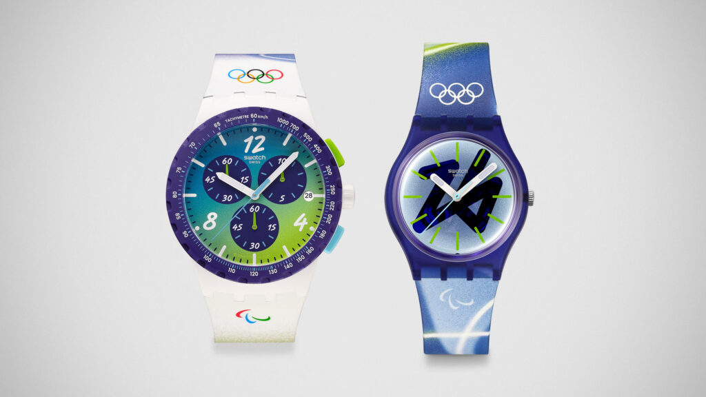 Swatch Olympic Winter Games Milano Cortina 2026 watches CHASING PEAKS and SNOWY SLOPES on white background