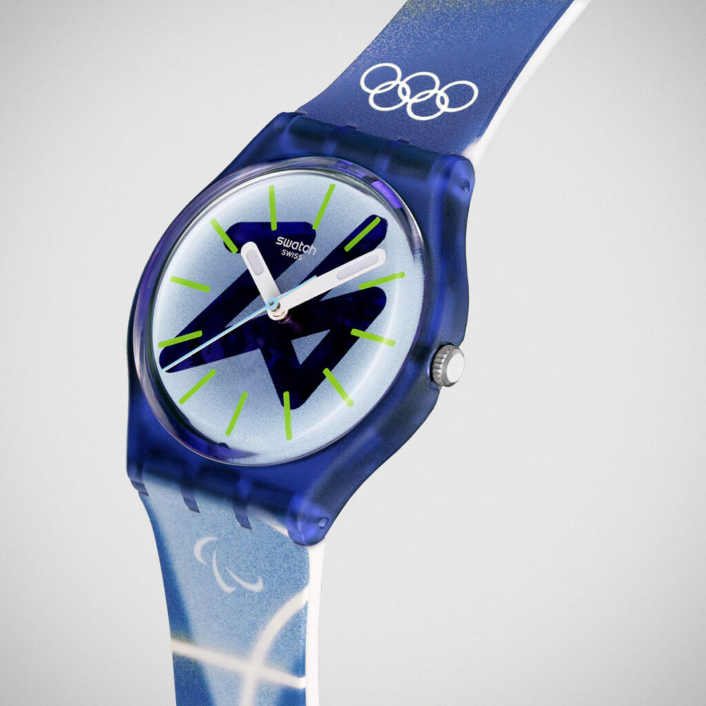 Swatch Olympic Winter Games Milano Cortina 2026 watch CHASING PEAKS on white background