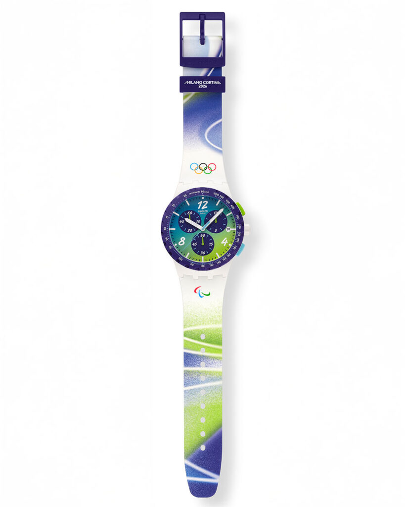 Swatch Olympic Winter Games Milano Cortina 2026 watch SNOWY SLOPES on white background