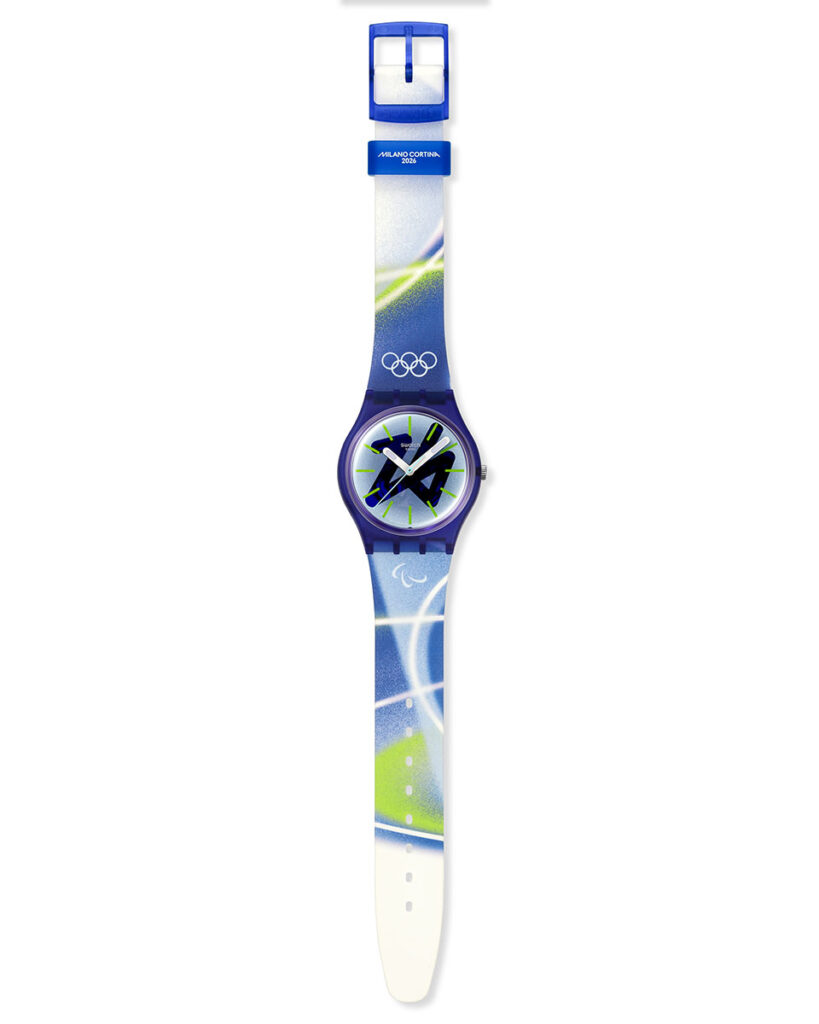 Swatch Olympic Winter Games Milano Cortina 2026 watch CHASING PEAKS on white background