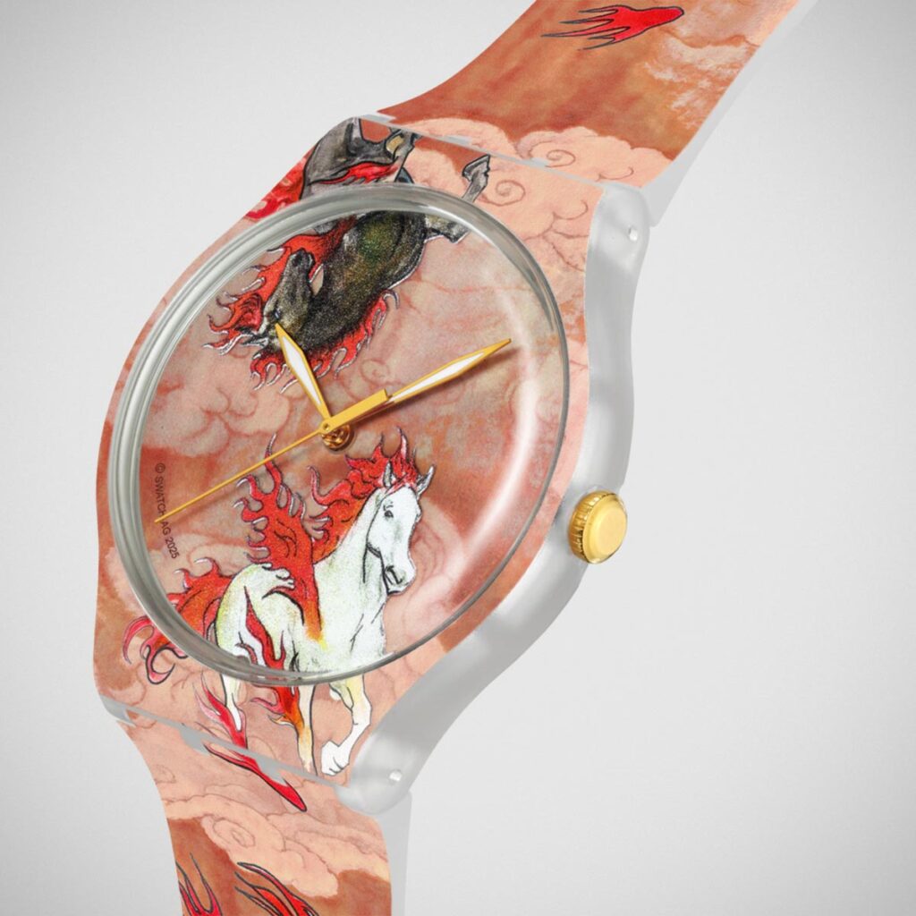 Swatch Year of the Horse Riding the Clouds watch with fiery horse artwork and transparent case