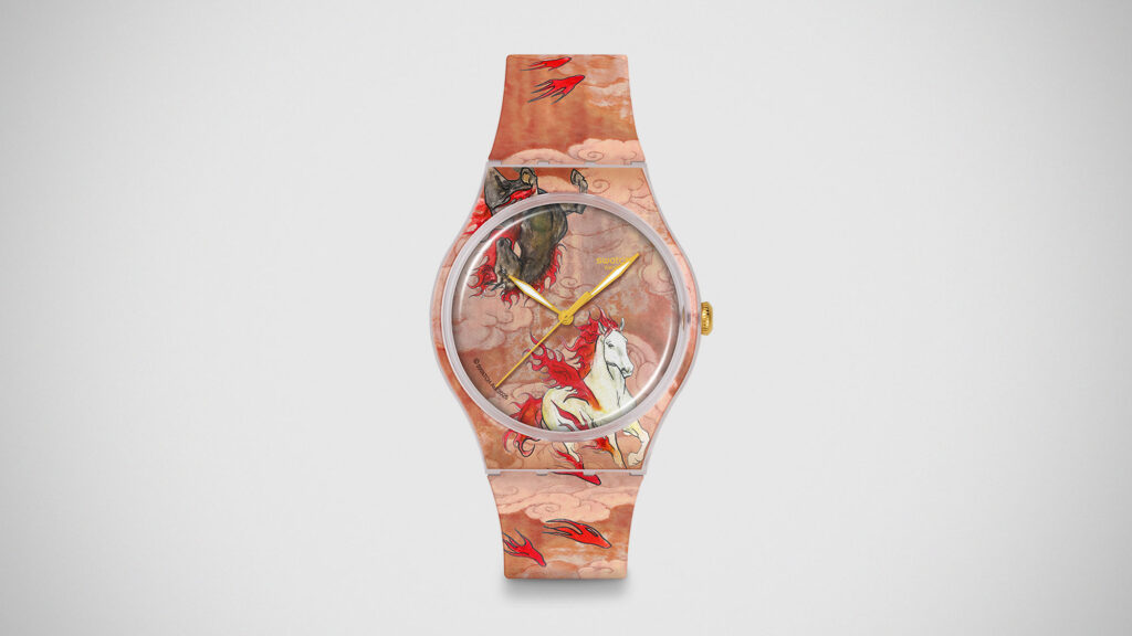 Swatch Year of the Horse Riding the Clouds watch with fiery horse artwork and transparent case