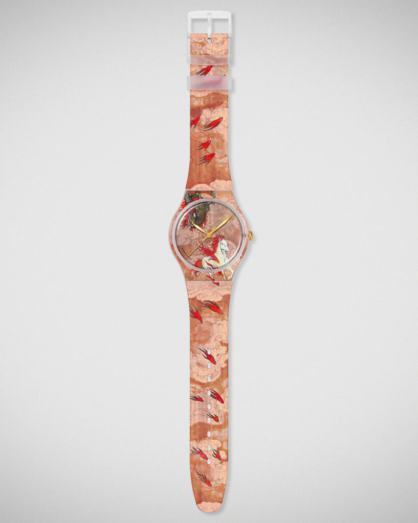 Swatch Year of the Horse Riding the Clouds watch with fiery horse artwork and transparent case