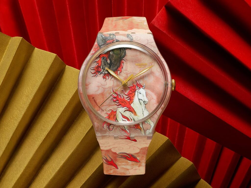Swatch Year of the Horse Riding the Clouds watch with fiery horse artwork and transparent case