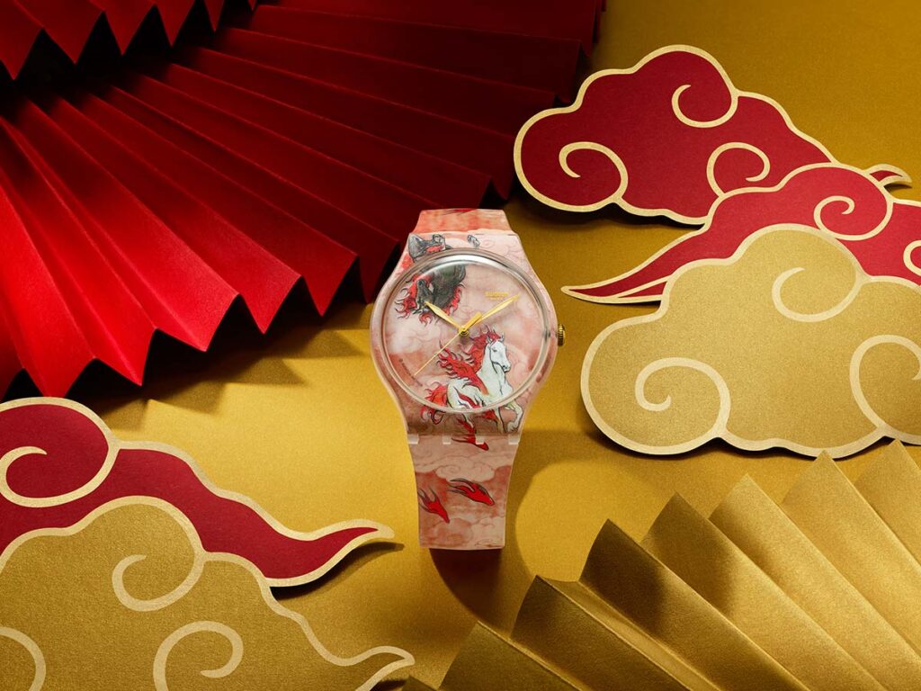 Swatch Year of the Horse Riding the Clouds watch with fiery horse artwork and transparent case