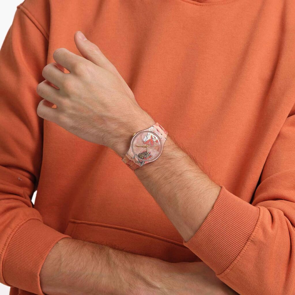 Swatch Year of the Horse Riding the Clouds watch with fiery horse artwork and transparent case