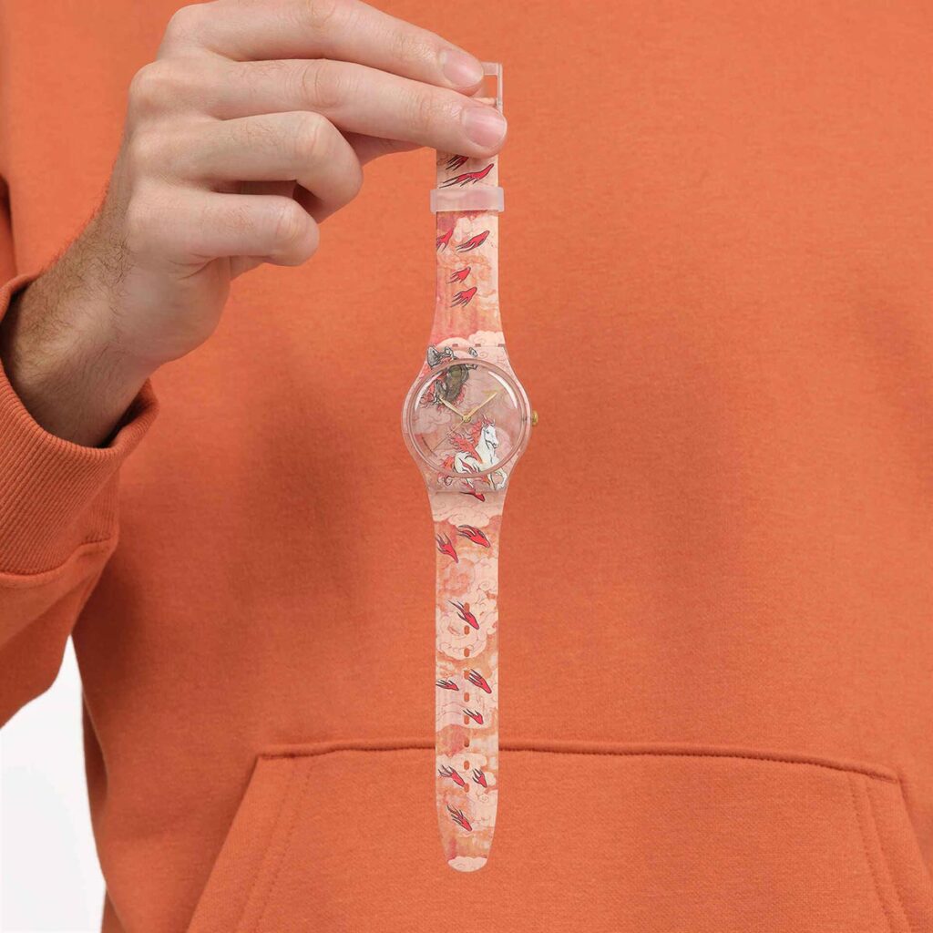 Swatch Year of the Horse Riding the Clouds watch with fiery horse artwork and transparent case