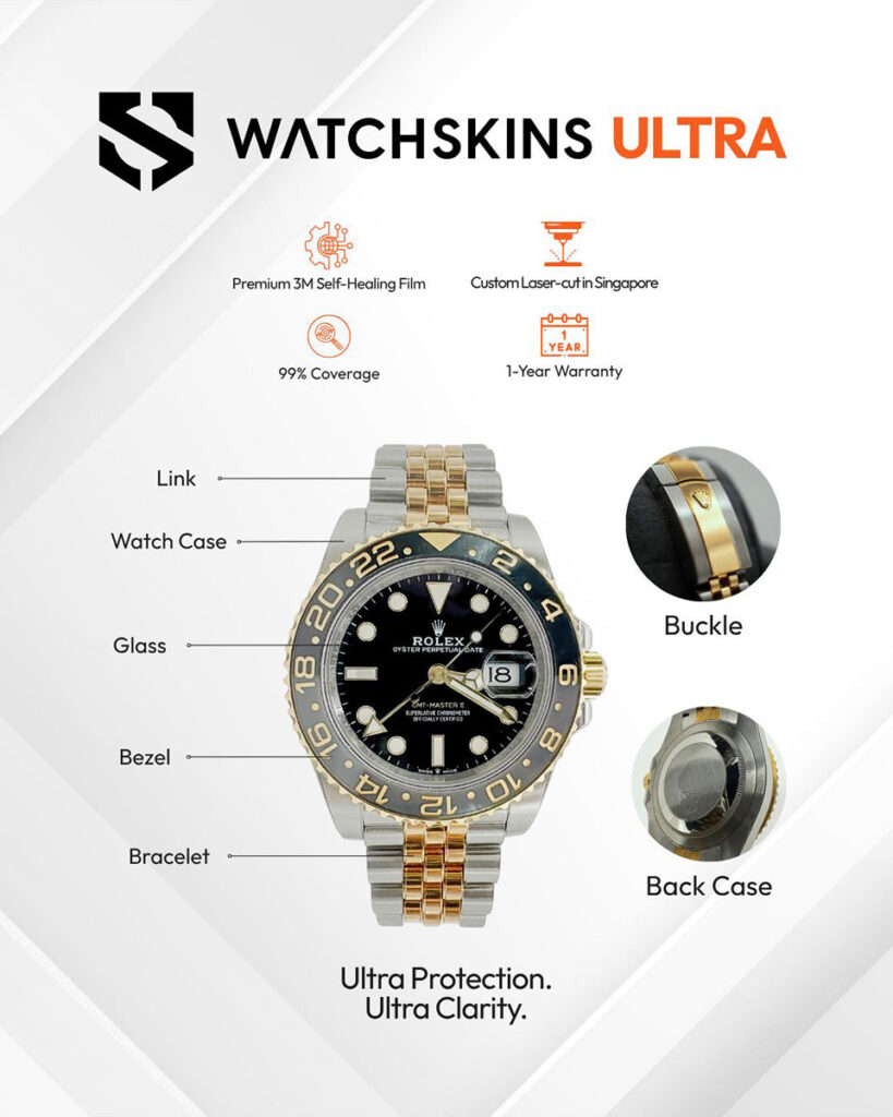 Watchskins Ultra invisible protection film on stainless steel watch case