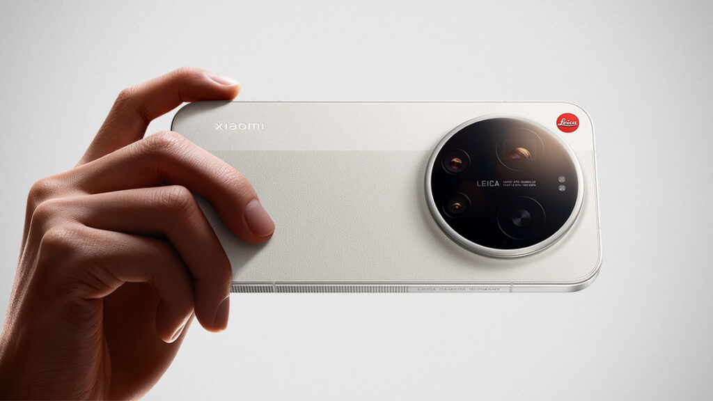 Xiaomi 17 Ultra by Leica smartphone showing rotating stainless steel camera ring and Leica branding on dual-tone back