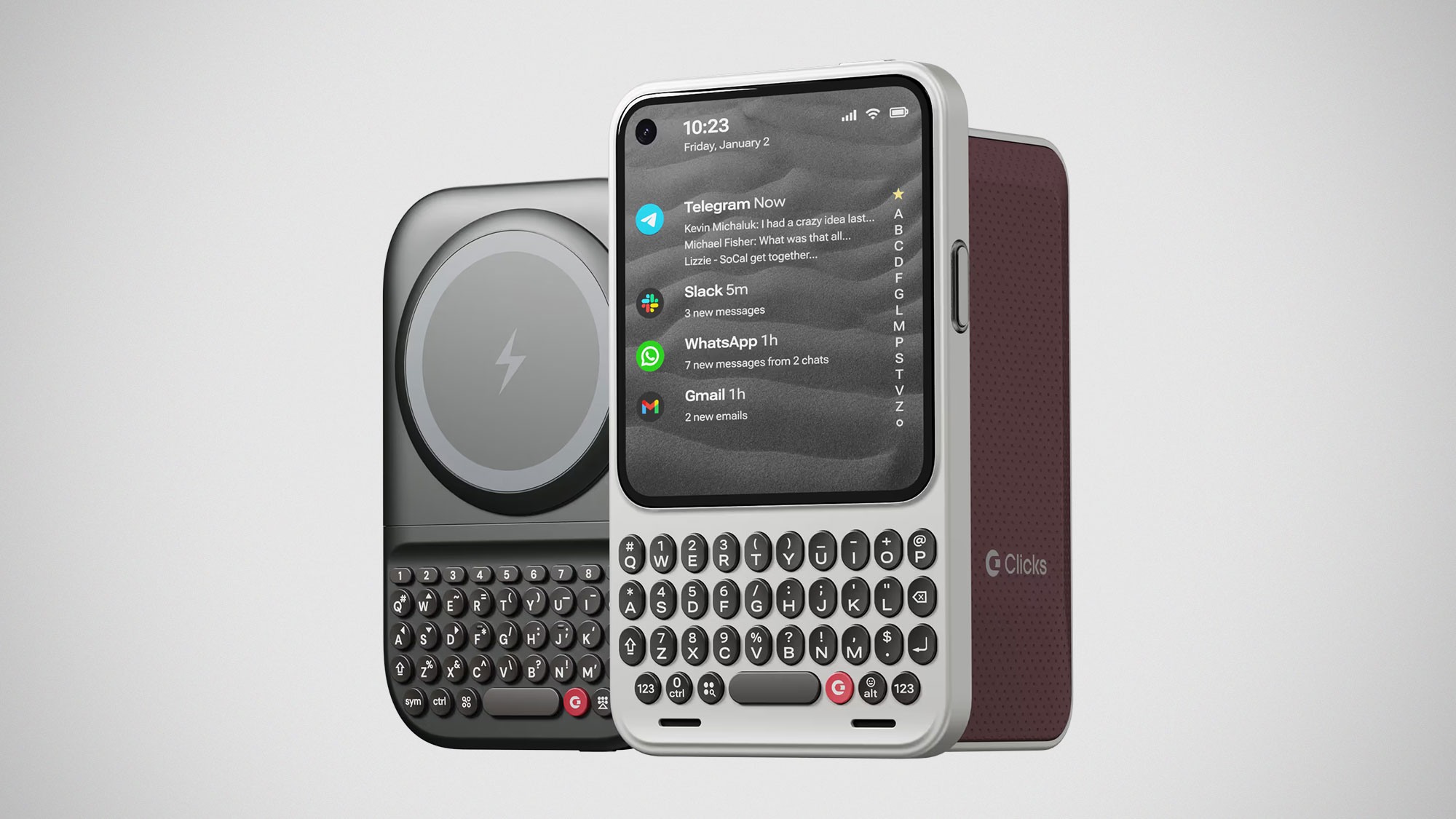 Clicks Communicator keyboard phone alongside Clicks Power Keyboard