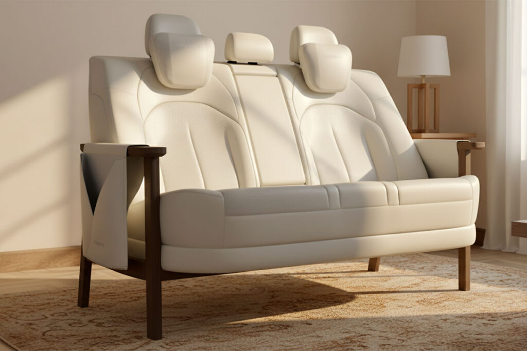 Dongfeng Nissan N6 Sofa made from the N6 car’s rear seat with wooden armrests and Nissan-branded cushions