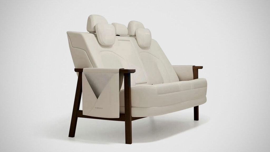 Dongfeng Nissan N6 Sofa made from the N6 car’s rear seat with wooden armrests and Nissan-branded cushions