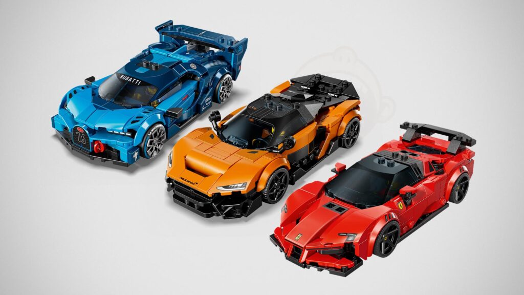 LEGO Speed Champions Bugatti Vision GT, McLaren W1, and Ferrari SF90 XX Stradale built models displayed side by side
