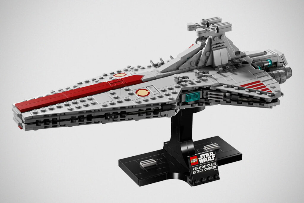 LEGO Star Wars Venator-Class Attack Cruiser 75441 mid-scale display model on stand