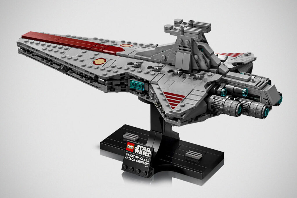 LEGO Star Wars Venator-Class Attack Cruiser 75441 mid-scale display model on stand