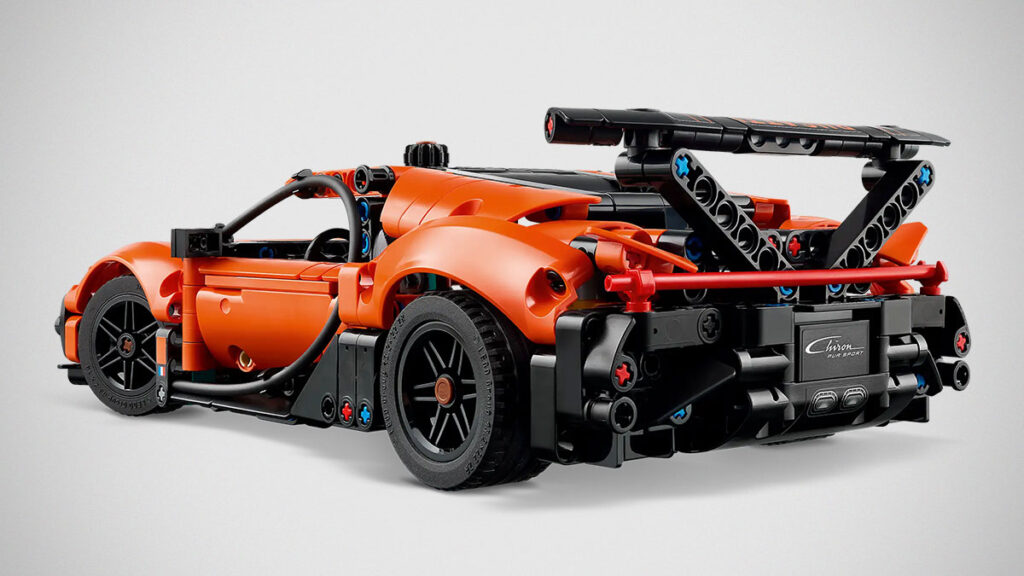 LEGO Technic Bugatti Chiron Pur Sport Hypercar 42222 built model showing orange and black bodywork and detailed W16 engine
