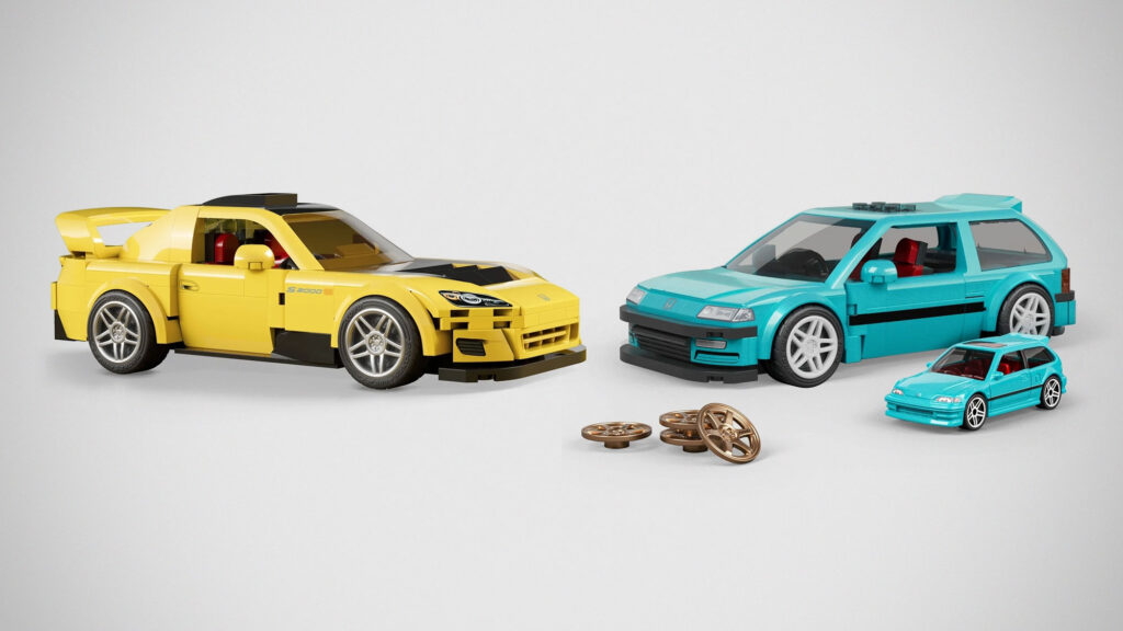 Mattel Brick Shop Hot Wheels Custom 1990 Honda Civic EF and 2007 Honda S2000 building sets displayed side by side