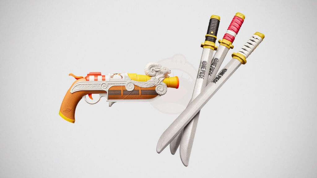 NERF One Piece Going Merry blaster and Zoro foam katanas inspired by the Netflix live-action series Season 2