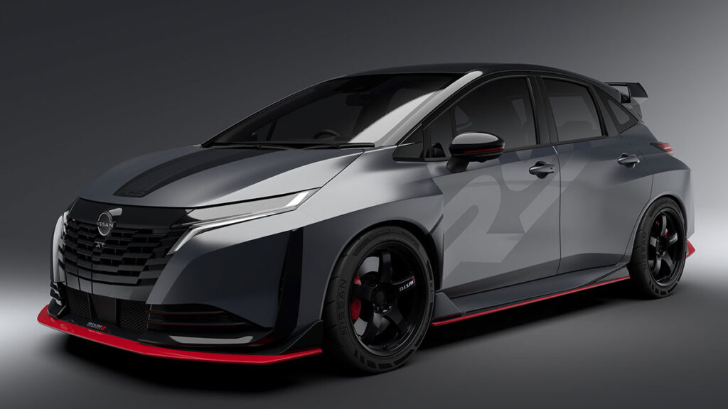 Nissan Aura NISMO RS Concept widebody AWD hot hatch at Tokyo Auto Salon 2026 in Dark Matte NISMO Stealth Gray