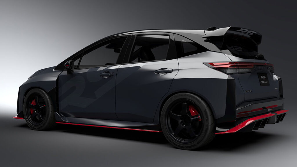Nissan Aura NISMO RS Concept widebody AWD hot hatch at Tokyo Auto Salon 2026 in Dark Matte NISMO Stealth Gray