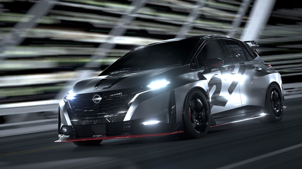 Nissan Aura NISMO RS Concept widebody AWD hot hatch at Tokyo Auto Salon 2026 in Dark Matte NISMO Stealth Gray